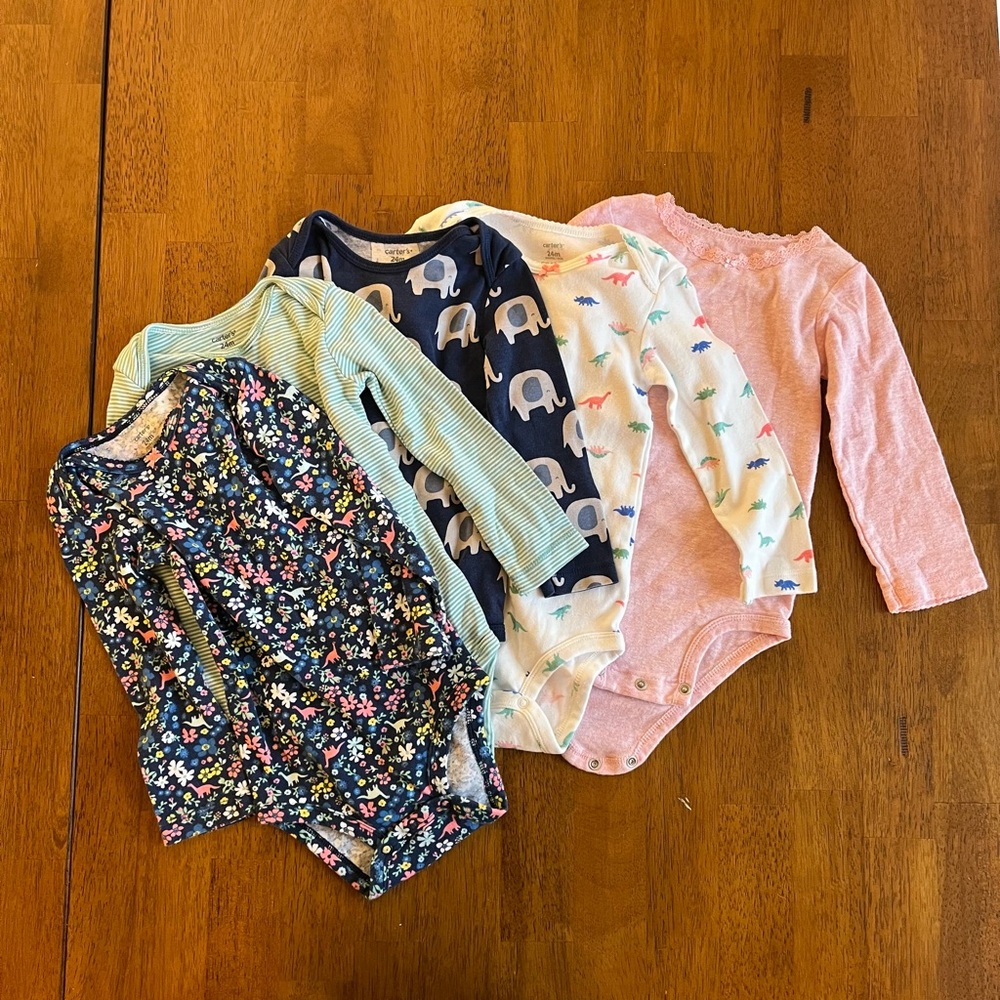 Baby Bodysuit Set of 5 - Floral, Stripe, Elephant, Dinosaur, Pink